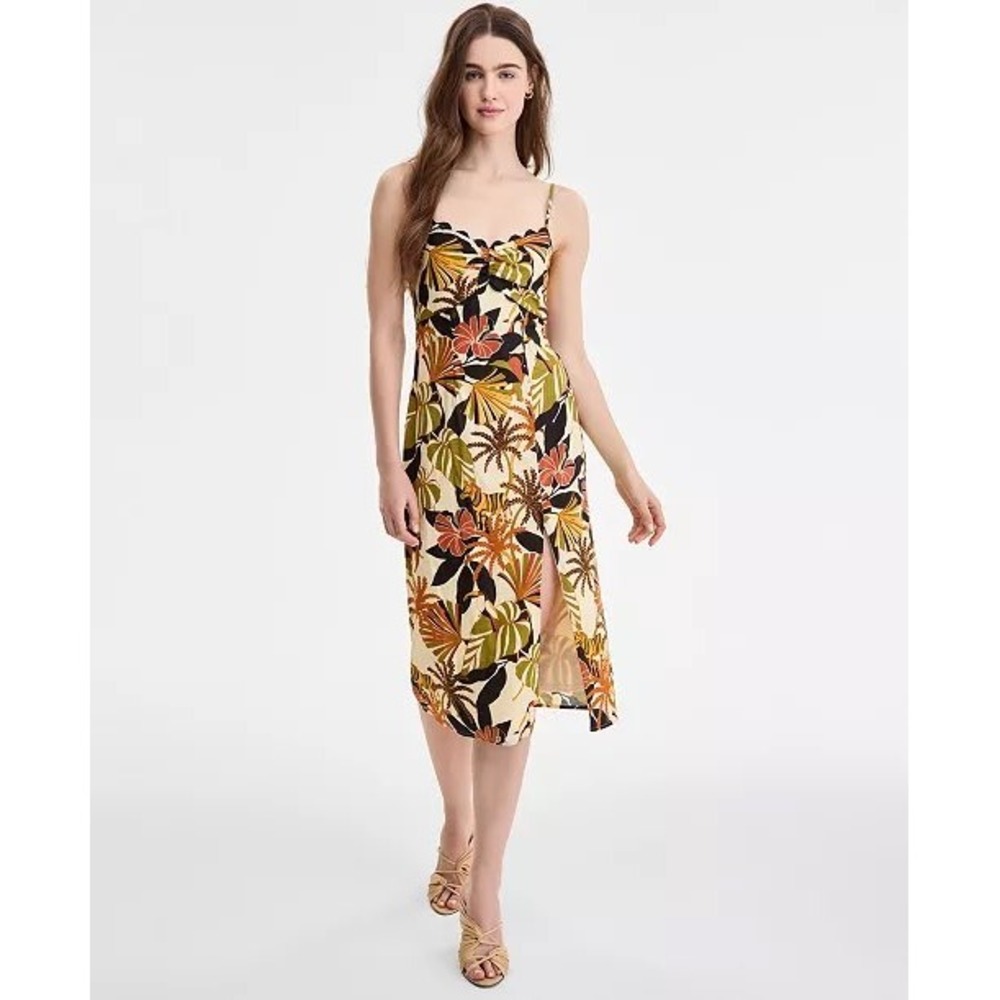 Row A Jrs Tropical Floral Scallop Midi Dress Summer Warm Yellow Green Small NWT